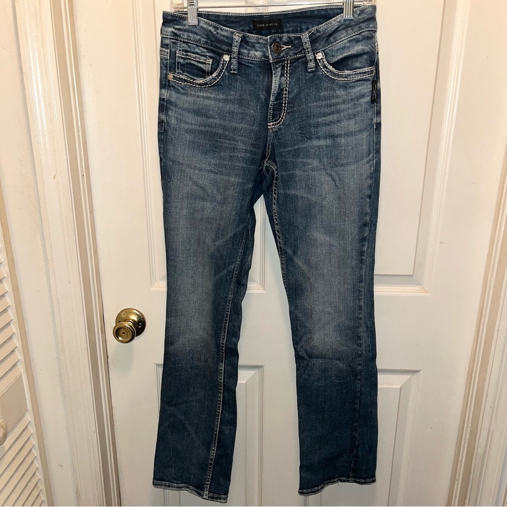 SILVER JEANS Women’s Distressed Suki Slim Boot Denim Jeans. Waist 30.